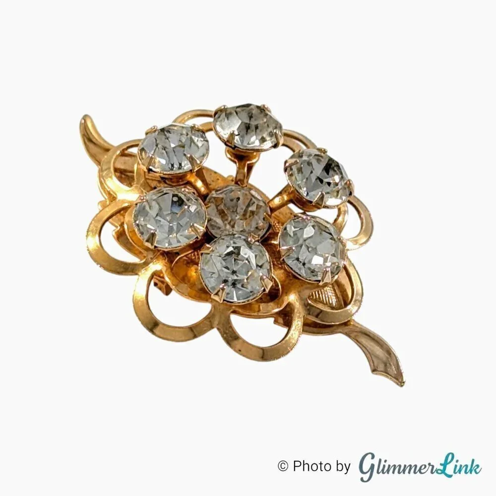 Vintage Flower Leaf Layered Clear Rhinestones Gold Tone Brooch Pin
